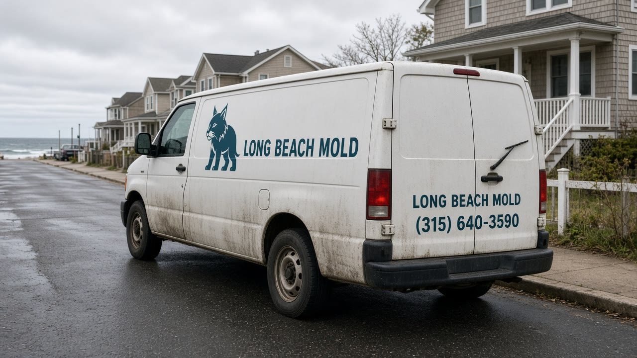 Work van with flat bobcat vinyl and Long Beach mold branding in coastal residential setting